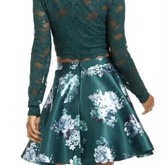 City Vibe Long-Sleeve Lace Top w/ Floral Print Skirt Two-Piece Dress Green Sz 13 - Picture 3 of 12